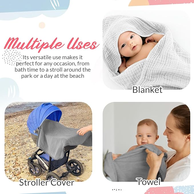6 Pcs Muslin Hooded Bath Towels Washcloths and Bibs Set, Muslin Cotton Baby Towels Absorbent Hooded Blanket Towel Infant Bibs for Boys Girls Newborn Infant Essential(White, Light Gray)