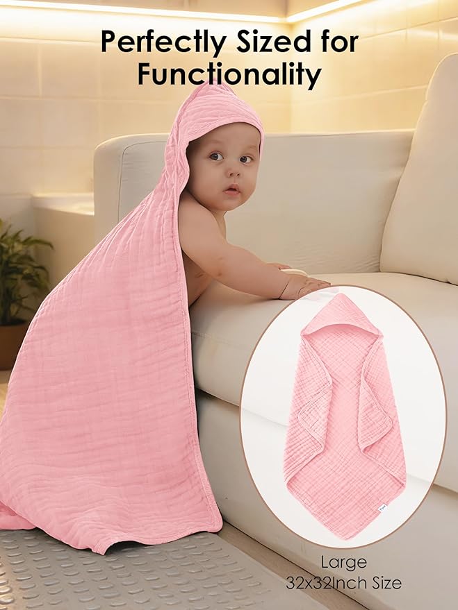 Muslin Hooded Baby Bath Towels - 3 Pack 100% Cotton Ultra-Soft Towels for Newborns, Infants, Toddlers - 32x32 Inch - Highly Absorbent, Quick-Dry Essentials for Bath Time, Beach, Pool, Pink Series