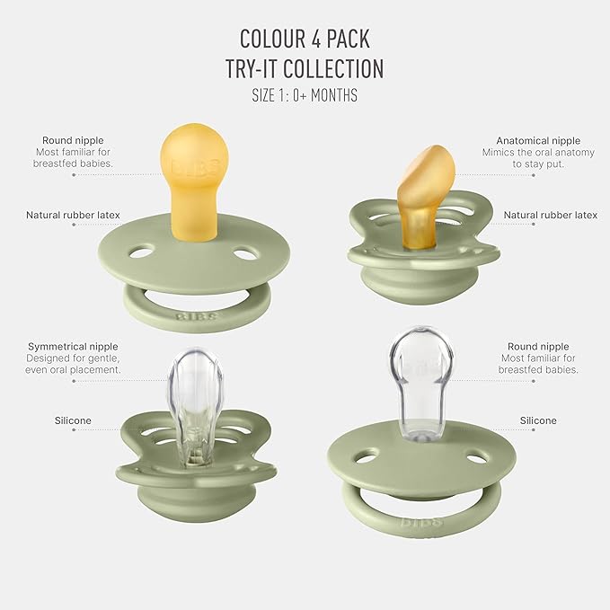 BIBS Try-It Collection | 4-Pack Soothers | BPA-Free Round, Anatomical & Symmetrical Nipple | Natural Rubber Latex/Silicone | Made in Denmark | 0-6 Months | Sage