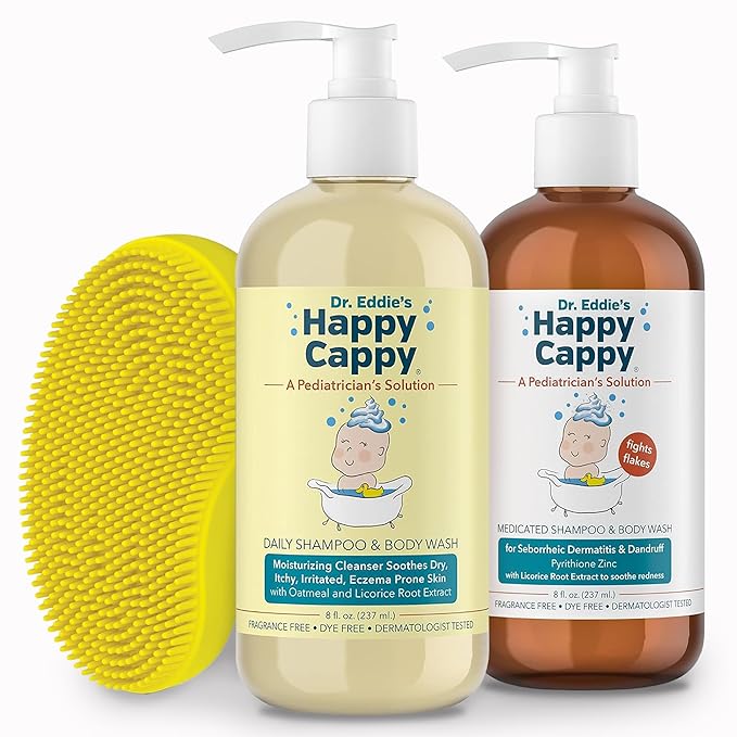Happy Cappy Medicated and Daily Shampoo and Beanie Brush Bundle - Baby Dandruff Shampoo, Cradle Cap Brush for Babies, Toddlers, Helps Cradle Cap and Seborrheic Dermatitis, Fragrance-Free - 3 Pieces