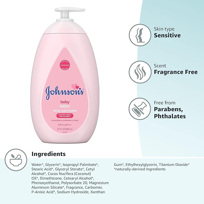 Johnson's Moisturizing Mild Pink Baby Lotion with Coconut Oil for Delicate Baby Skin, Paraben-, Phthalate- & Dye-Free, Hypoallergenic & Dermatologist-Tested, Baby Skin Care, 27.1 Fl. Oz (Pack of 2)