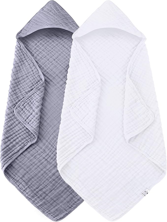 2 Pack Hooded Baby Towels - 100% Muslin Cotton for Newborns, Infants, Toddlers - Large 32x32Inch Size - Highly Absorbent and Essential for Newborn Care, White and Grey