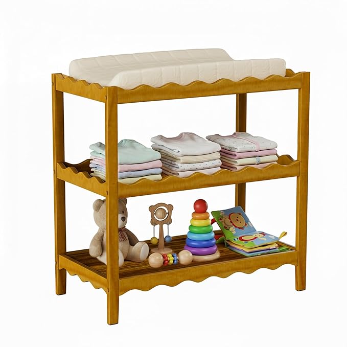 Baby Changing Table, Portable Changing Table, Compact and Lightweight, Solid New Zealand Pinewood, Two Storage Wave-Shaped Shelves, Nursery Organizer, Dark Wood