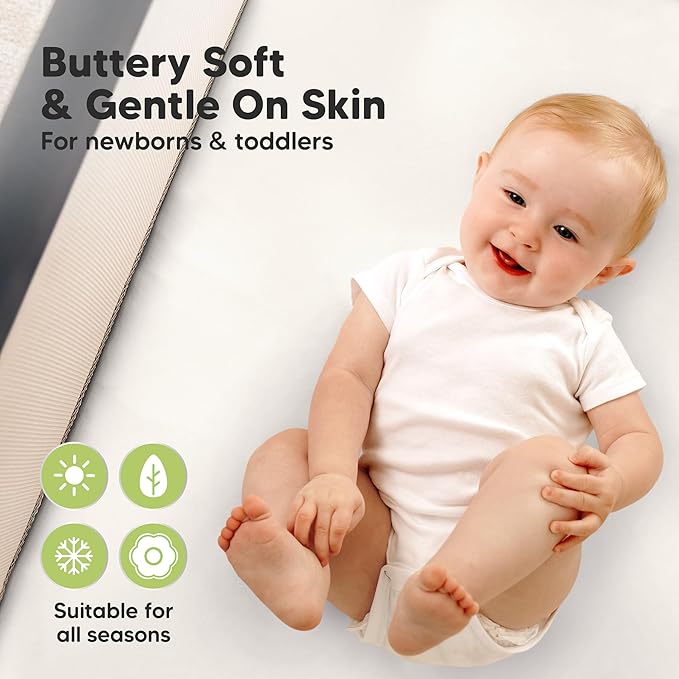2-Pack Waterproof Pack and Play Sheets, Mini Crib Sheets Fitted for Boy, Girl - 38 x 26 Viscose From Bamboo Pack N Play Mattress Sheets for Graco, Toddler Playard Baby Crib Sheets Neutral (Soft White)
