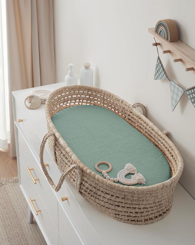 Blissful Diary Muslin Bassinet Sheets for Baby Girls Boys, Boho Soft Cotton Fitted for Oval Hourglass Rectangle Mattress, 2 Pack(Sage Checkboard & Sage Green)