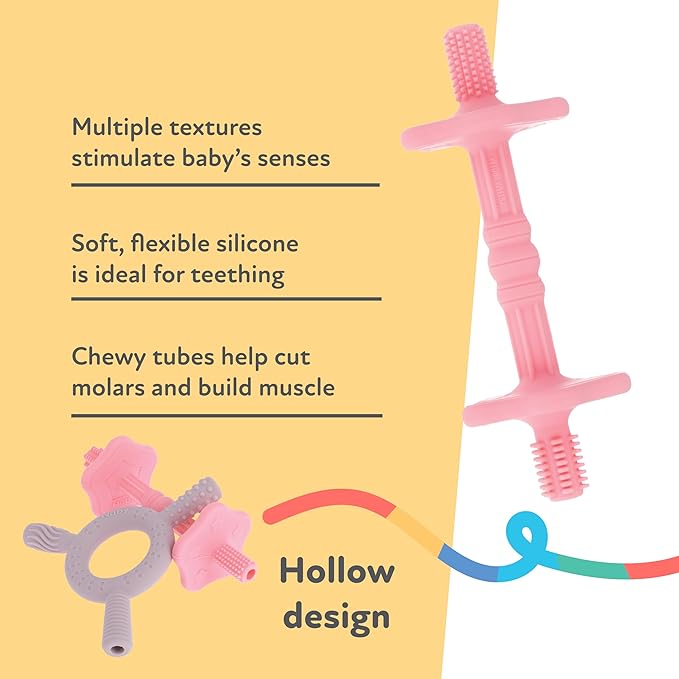 Nuby Hollow Tube Silicone Teething Toy - (2-Pack) Baby Teething Sticks - 3+ Months - Purple and Pink