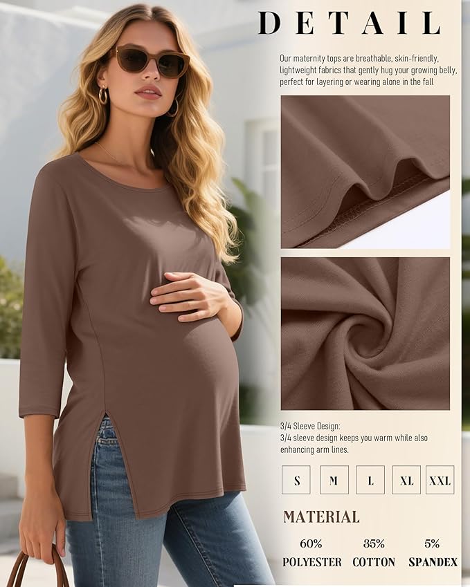 3 Pack Women's 3/4 Sleeve Maternity Shirts Elbow Length Clothes Round Neck Tunics Pregnancy Loose Side Split Tops