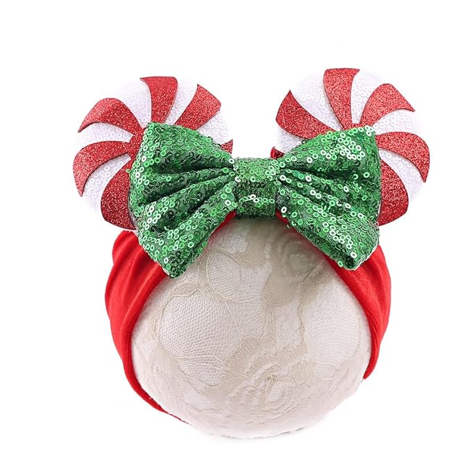 Christmas Mouse Ears Headwrap with Lollipop, Velvet Hair Bow Turban Knotted Headband, Baby Girl Wide Hairband for Newborn Infant Toddler, Party Headwear (christmas headwrap 2)