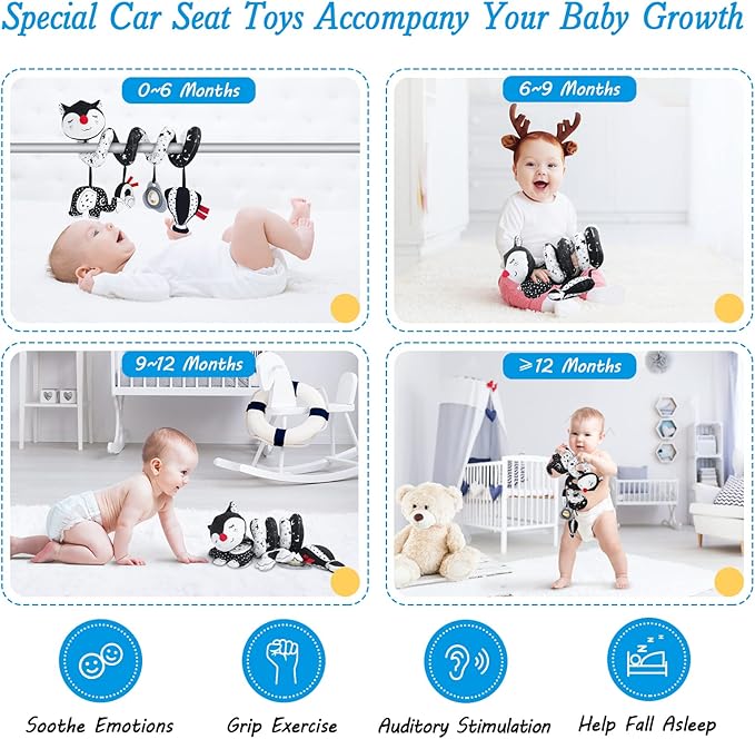 FATI Car Seat Toys for Babies 0-6 Months, Black and White High Contrast Baby Spiral Carseat Toy for Infant 0-3, 3-6 Newborn, Stroller Toys for 0 3 6 9 12 Months Baby Ideal Gift