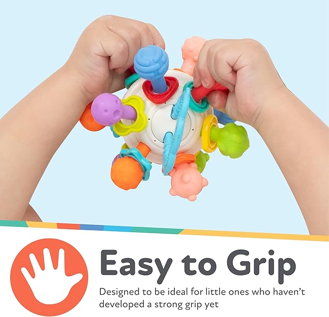 Nuby Twist Ball Teether Activity Toy with Rattle and Fun Bright Colors - Montessori Sensory Toy Develops Fine Motor Skills - 3 + Months