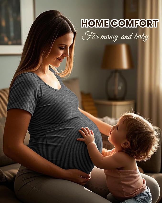 Neer 3 Pack Women's Ribbed Maternity Tops Pregnancy Round Neck Shirts Short Sleeve Soft Maternity Clothes for Mama