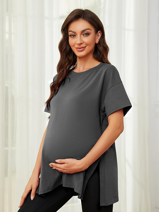 Ecavus Women's Casual Maternity Shirts Split Side Pregnancy Tops Blouses Short Sleeve Loose Fit Maternity Clothes