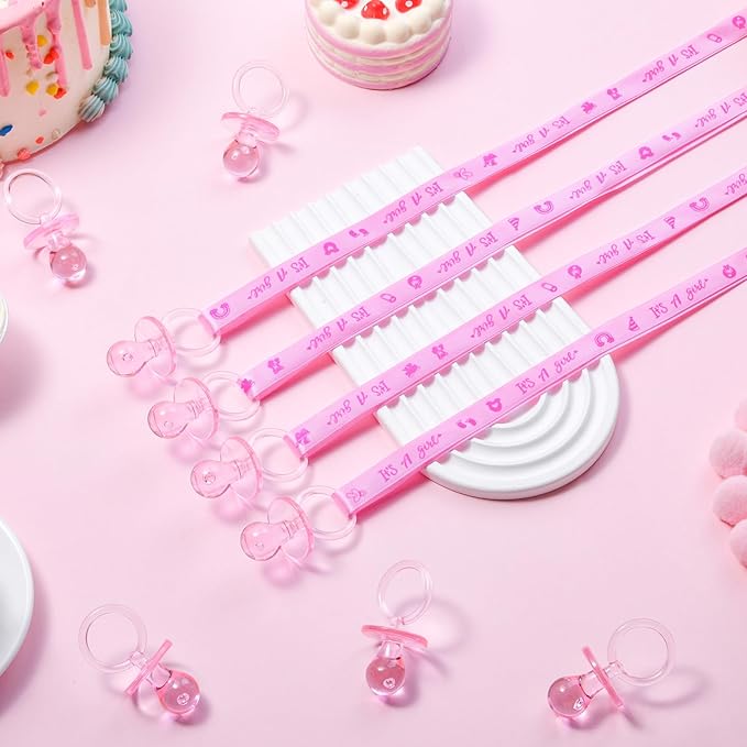 ZYFLSQ 60 Pieces Baby Shower Pacifiers Necklace, Acrylic Pacifier Necklaces for Baby Shower Games Girl Charm, Party Favors, Decorations DIY, Gender Reveal Table Scatter(Pink)
