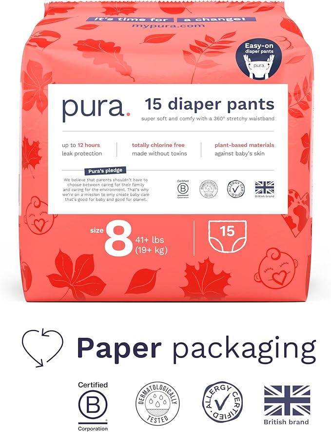Pura Hypoallergenic Diaper Pants Size 8 (41+ lbs) Overnight, up to 12 Hours Leak Protection, Suitable for Sensitive Skin, Totally Chlorine Free, Soft Organic Cotton, 1 Pack of 15 Pull Up Pants