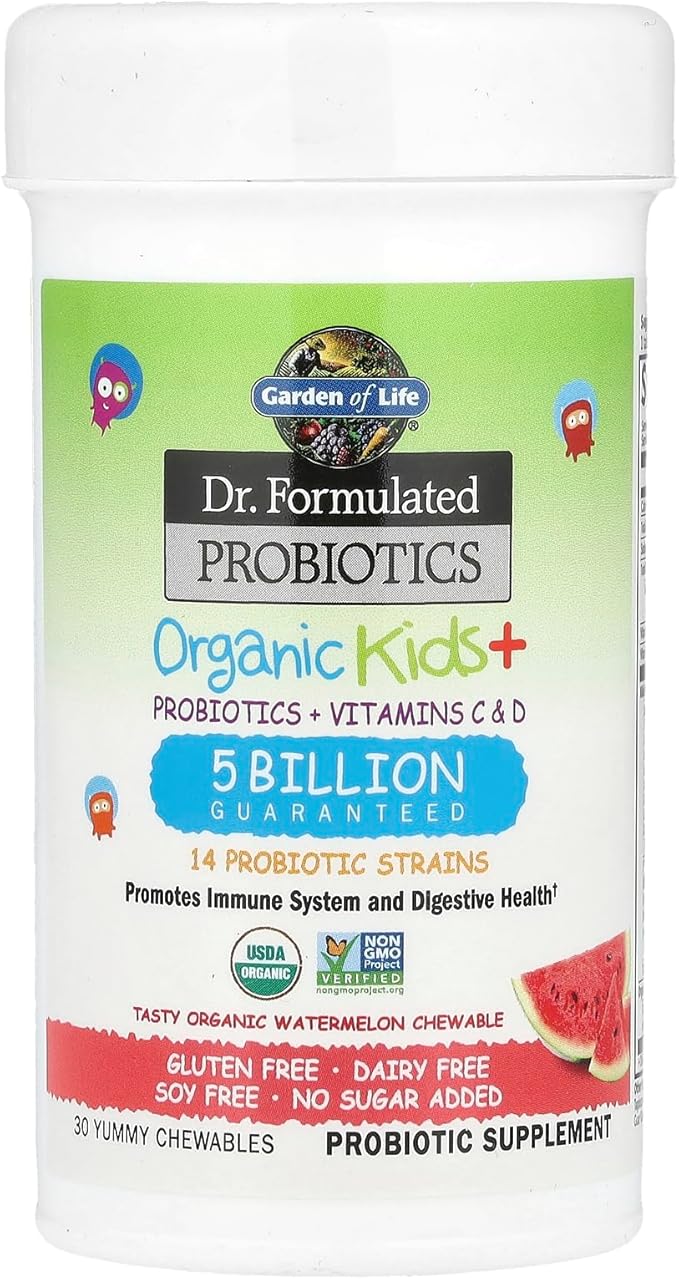 Garden of Life Dr. Formulated Probiotics Organic Kids+ plus Vitamin C & D - Watermelon - Gluten, Dairy & Soy Free Immune & Digestive Health Supplement, No Added Sugar, 30 Chewables (Shelf Stable)