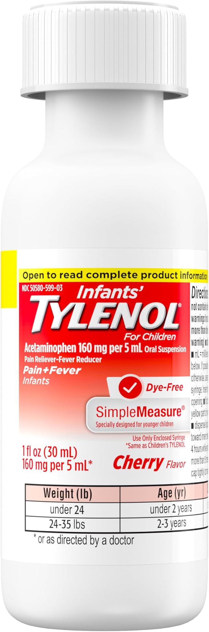 Infants' Tylenol Oral Suspension Liquid Medicine with Acetaminophen, Baby Fever Reducer & Pain Reliever for Minor Aches & Pains, Sore Throat, Headache & Teething Pain, Dye-Free Cherry, 1 fl. oz