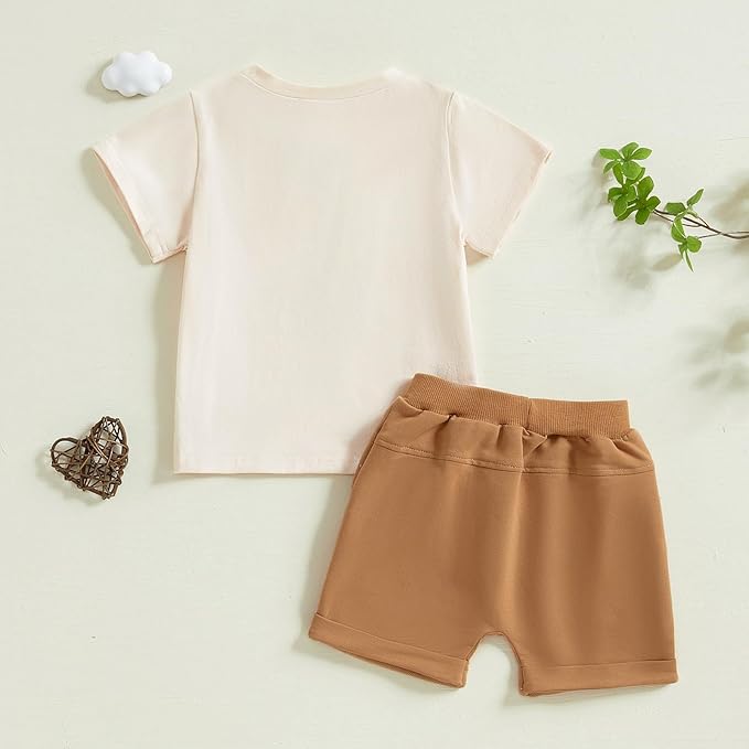 fhutpw Toddler Baby Boy Summer Clothes Tractor Letter Short Sleeve T-Shirt Tops Pockets Casual Shorts Set Infant Outfits