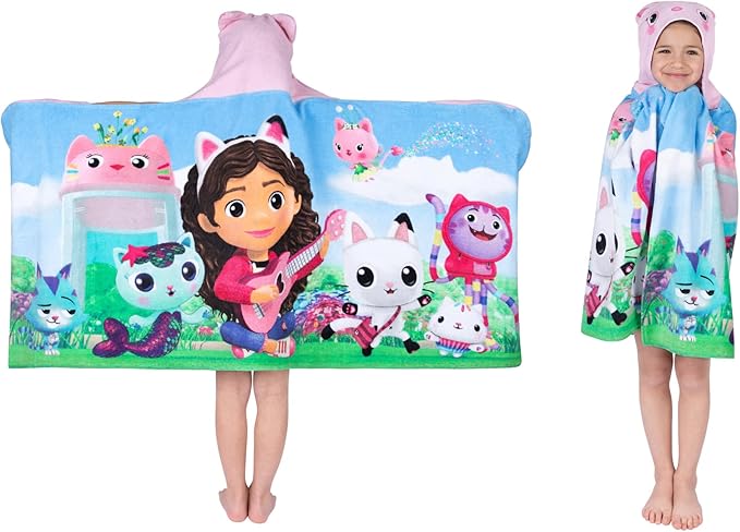 DreamWorks Gabby's Dollhouse Bath/Pool/Beach Soft Cotton Terry Hooded Towel Wrap, 24 in x 50 in, By Franco Kids