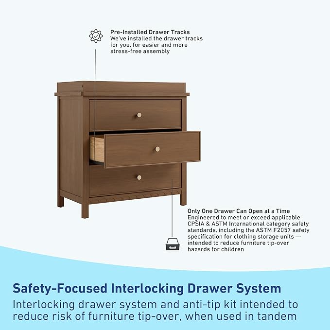 Graco Sasha 3-Drawer Chest with Changing Table Topper (Hazelnut) – GREENGUARD Gold Certified, Nursery Bedroom Wood Chest with Spacious Storage, Interlocking Drawer System, Pre-Installed Tracks