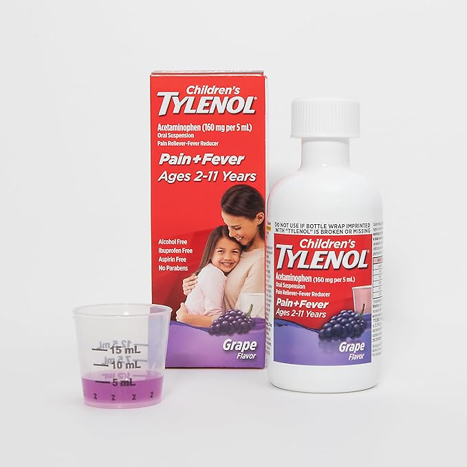 Children's Tylenol Liquid Oral Suspension Medicine, Acetaminophen Pain Reliever & Fever Reducer for Cold + Flu Symptoms & Sore Throat, Aspirin-, Ibuprofen- & Alcohol- Free, Grape, 4 fl. oz