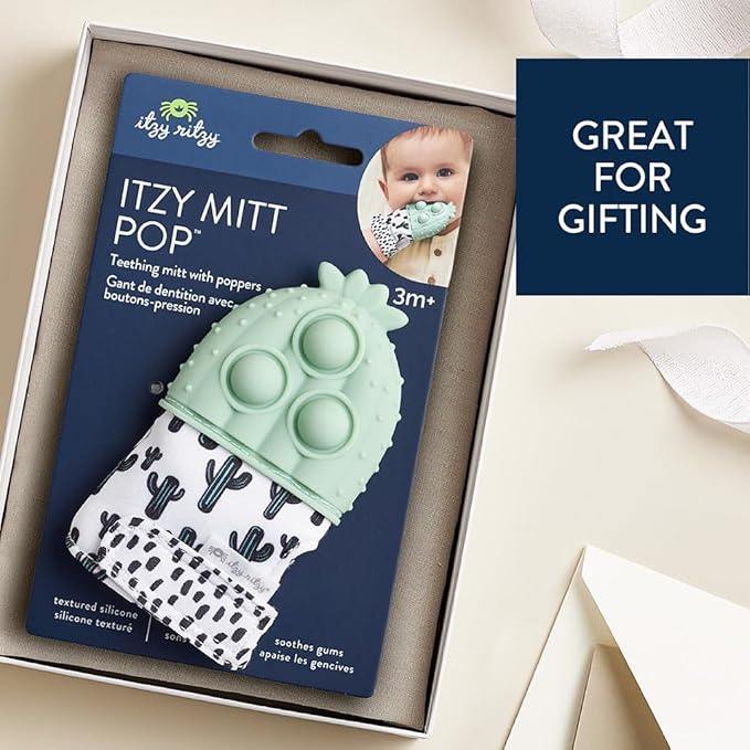 Itzy Ritzy Silicone Teething Mitt - Soothing Infant Teething Mitten with Adjustable Strap, Crinkle Sound & Textured Silicone to Soothe Sore & Swollen Gums - for Ages 3 Months & Up (Cactus)