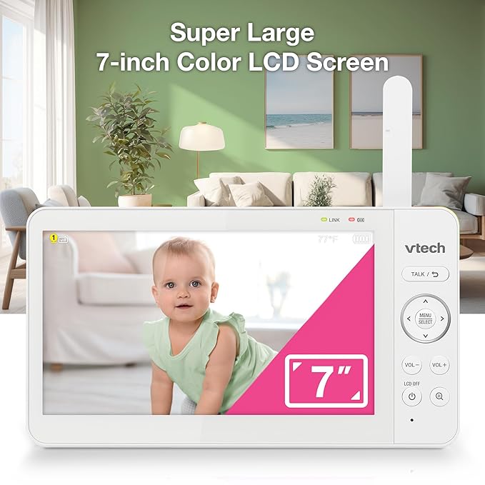 VTech Video Baby Monitor with 7" Color LCD Screen, Rechargeable Battery, Baby Monitor with Camera and Audio, Pan-Tilt-Zoom, No WiFi, Touch Multi-Color Night Light, 2-Way Talk, Advanced Max Green