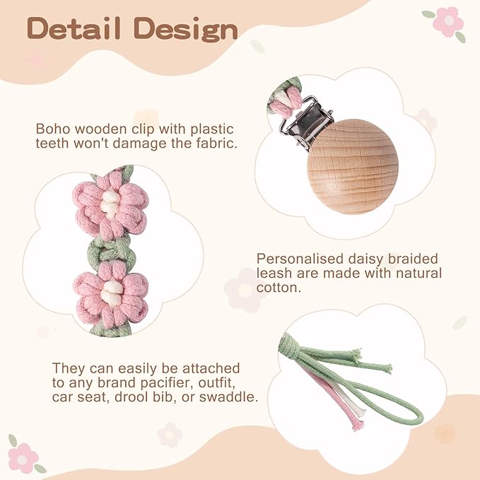 Pacifier Clip for Boys Girls Floral Daisy Macrame Paci Clip Pacifier Holder Leash Boho Wooden Clips Handmade Braided Cotton Unisex Baby Shower Birthday Gift