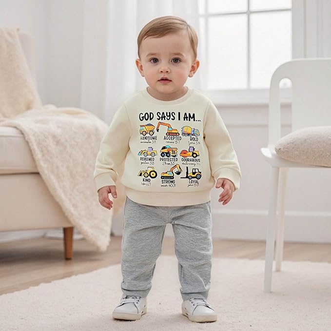FOCUSNORM Toddler Baby Boy Fall Winter Outfit Excavator Embroidered Long Sleeve Sweatshirt Elastic Jogger Pant 2 Pcs Clothes