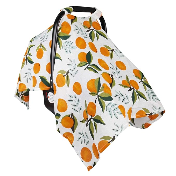 Baby Car Seat Cover Infant Carseat Canopy, Metplus Cotton Muslin Carrier Covers, Summer Stroller Canopie - Extra Wide Universal Fit, Lightweight Breathable Soft for Newborn Boy Girl (Oranges)