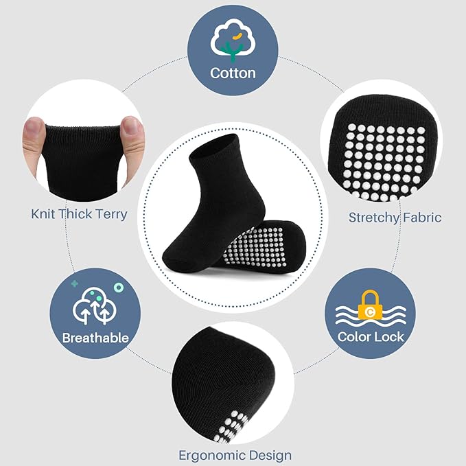 JAKIDAR 12 Pack Baby Toddler Socks Non Slip Grip Cotton Crew Socks for Boys Girls Infants Kids
