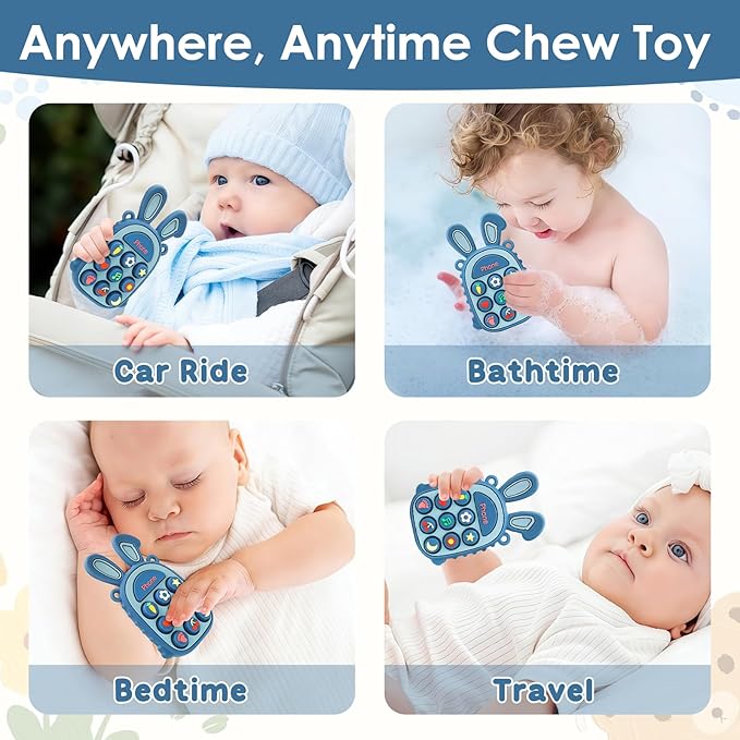 Teething Toys for Babies, BPA-Free Silicone Teether Toy for Infants, Cute Rabbit Phone Design with Easy-Grip Ears, Soothing Gums and Push Pop for Boy and Girl