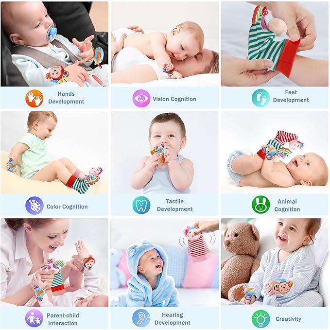 Infant Rattle Socks Toys 0 to 12 Months, Baby Wrist Rattle Foot Finder Socks Set, Birthday Holiday Present for Newborn Boy Girl 0/3/4/6/7/8/9/12/18 Months Kids Toddler, Gift Box Package (4A)