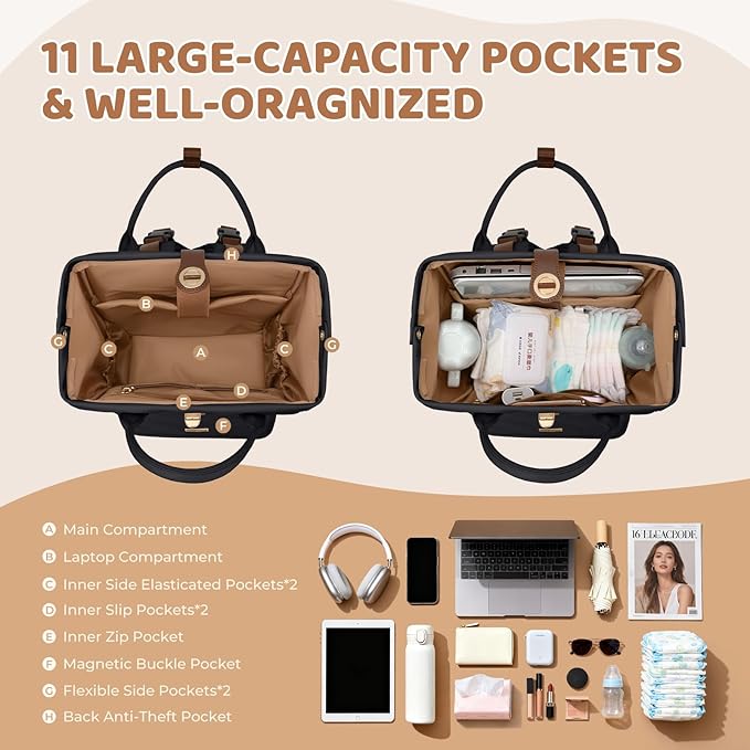 Diaper Bag Backpack,Multi Function Water Resistant Diaper Bag With Hook,Casual Hanging diaper bag for mom,16 Inch,Black
