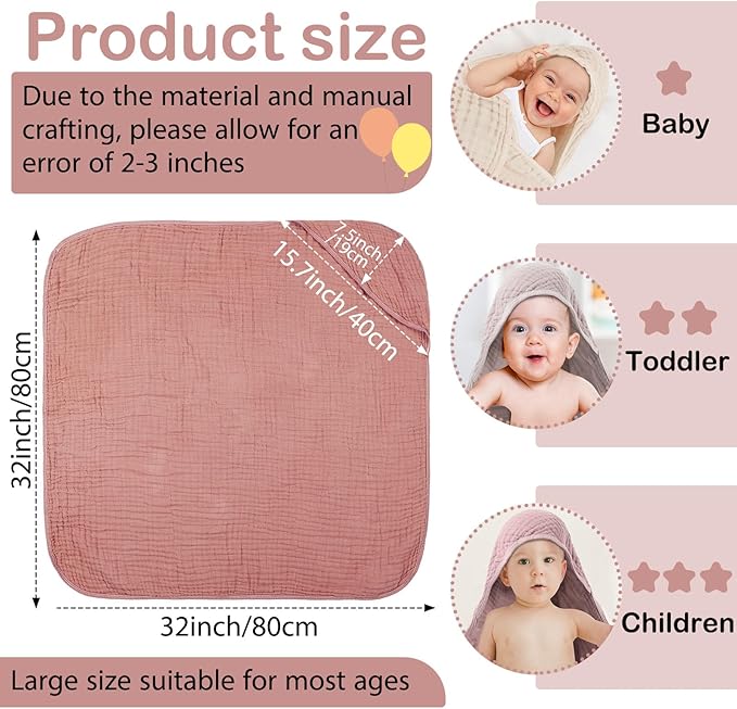 Peryiter 4 Pcs Muslin Hooded Baby Towels 32x32inch Cotton Newborn Bath Essentials Muslin Infant Blankets Absorbent Registry Baby Shower Present for Babies Girl Boy Kids (Beige Series)