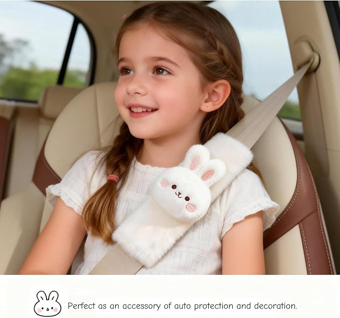 2 PCS Seat Belt Cover Pad, Cute Kawaii Animal Bunny Seatbelt Covers for Kids and Adults, Winter Plush Fluffy Soft Seat Belt Cover, Cartoon Seatbelt Cushion,Car Seat Strap Pads (F-Bunny)