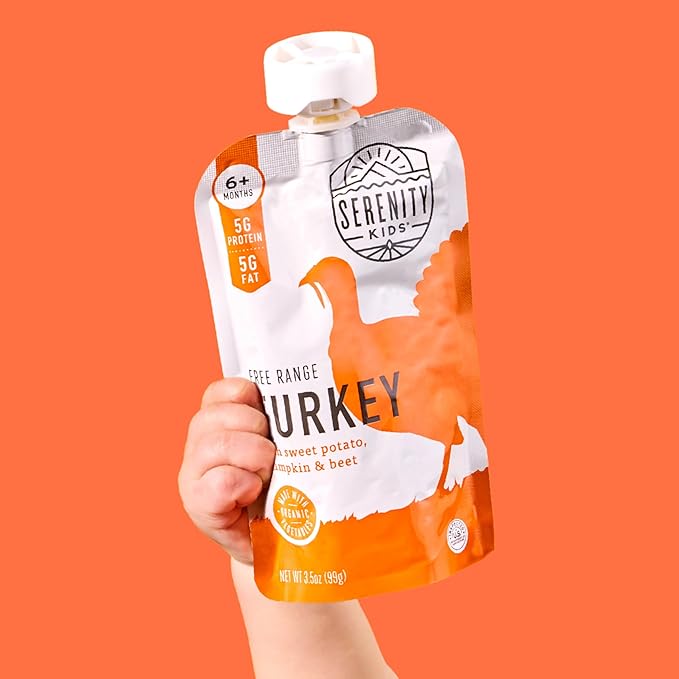 Serenity Kids 6+ Months Organic Turkey Baby Food Pouches - 5g Protein Pouch for Toddler Snacks - No Added Sugar Pumpkin Puree Toddler Meals - BPA-Free On-the-Go for Baby Essentials - 3.5 Oz, 6 Pack