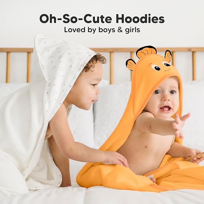 KeaBabies Hooded Baby Towel for Newborn - Viscose Derived from Bamboo Large Baby Bath Towels with Hood for Boys, Girls, Toddler, Extra Absorbent & Soft Newborn Bath Essentials (Clownfish, Regular)