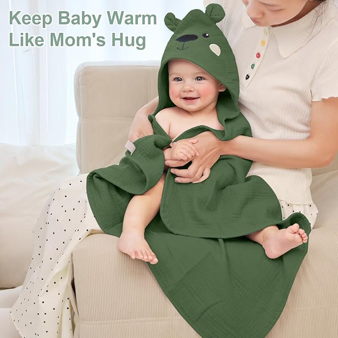 FIOBEE Hooded Baby Towels 100% Muslin Baby Bath Towels for Newborn with Animal Design Ultra-Soft and Absorbent Bath Essentials for Toddler, Unisex Girls Boys 30 x 30 inch, Green Bear