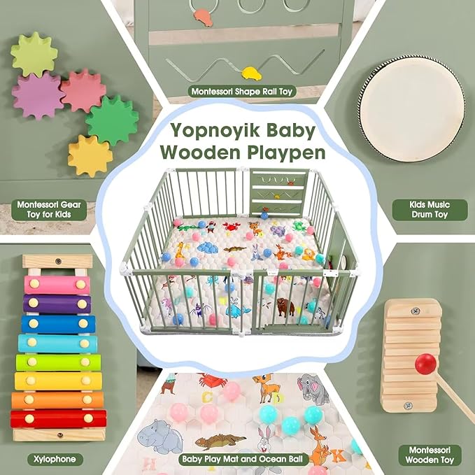 Foldable Wooden Baby Playpen with Soft Play Mat, Adjustable Playpen for Babies and Toddlers with 36 Colorful Balls, Portable Baby Fence Play Area Activity Center with Gate for Toddlers(56x56x23inches)