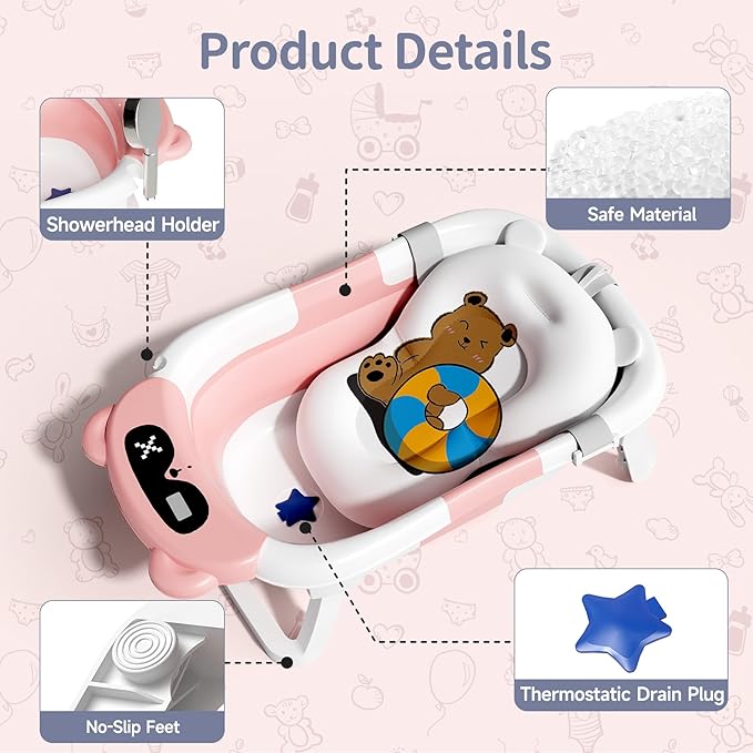 Collapsible Baby Bathtub for Newborn to Toddler (0-18 Months) - Foldable Baby Bath Tub with Soft Towel, Newborn& Infant Bathtub for Travel and Outdoor, Pink