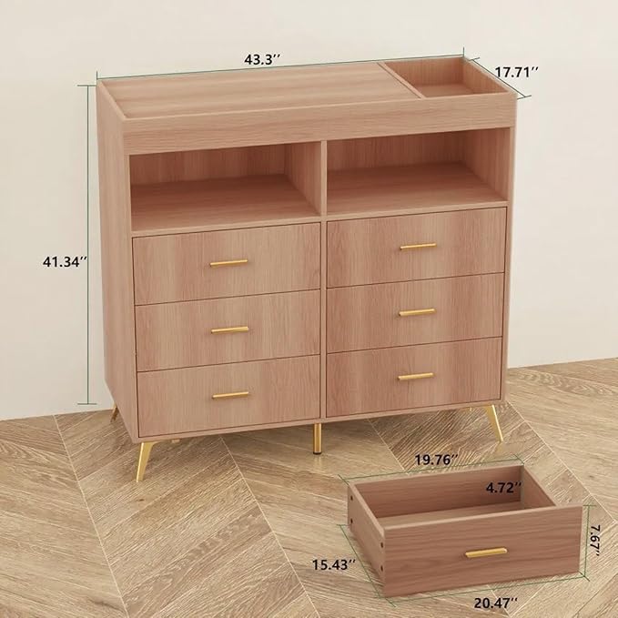 Baby Changing Table Dresser with 6 Drawers, Baby Nursery Dresser, LED Lights & Charging Station – Multifunctional Nursery Dresser with Removable Changing Top, Anti-Tip Design, Nature