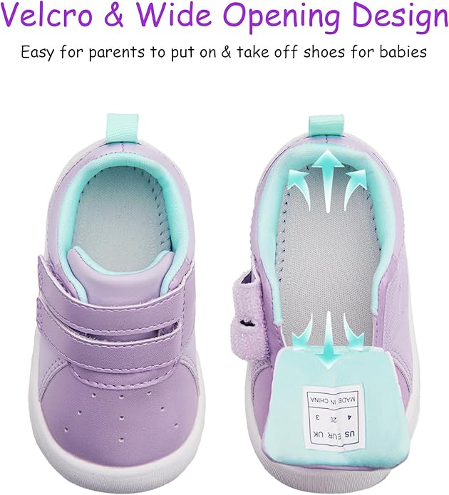 Baby Shoes Boys Girls First Walking Shoes Wide Toe Box Barefoot Zero Drop Infant Shoes Lightweight Nonslip Soft First Walkers PU Leather Toddler Sneakers for 6-24 Months