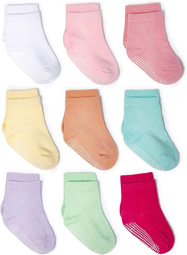 ZAPLES Baby Non Slip Grip Crew Socks with Anti Skid Soles for Infants Toddlers Kids Boys Girls