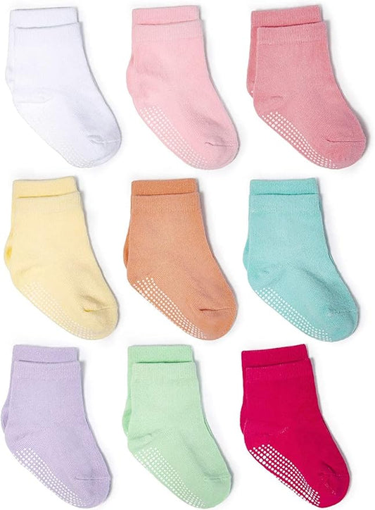 ZAPLES Baby Non Slip Grip Crew Socks with Anti Skid Soles for Infants Toddlers Kids Boys Girls