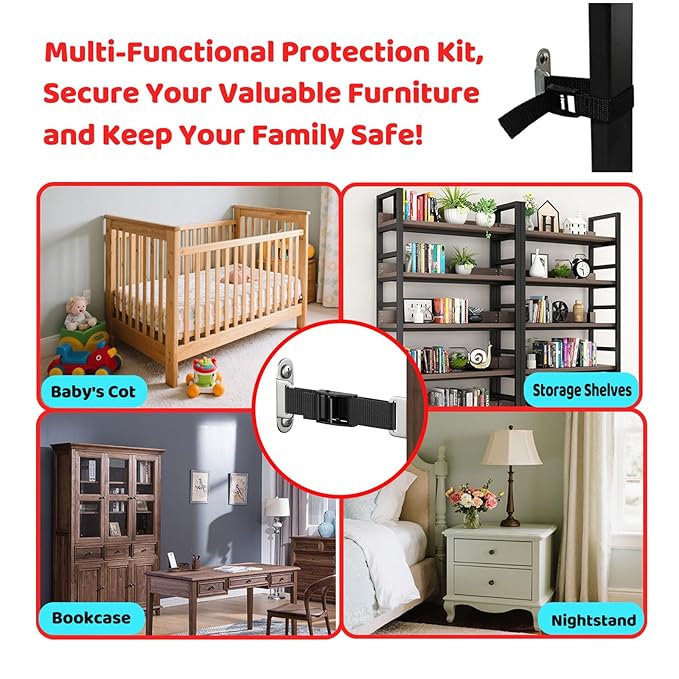 Furniture Anchors (2 Sets) for Baby Proofing,Anti Tip Furniture Anchors,Furniture Wall Anchor,Adjustable Furniture Straps,Wall Anchors for Furniture Securing for Baby&Pet Safety