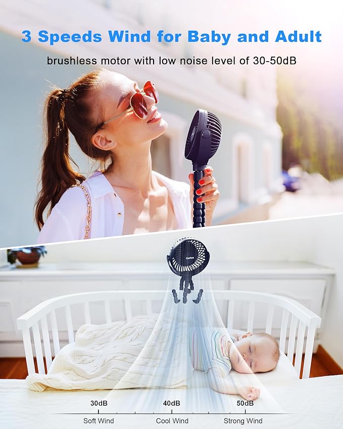 Stroller Fan Clip on for Baby, 4000mAh Rechargeable Battery Operated, Flexible Tripod, 3 Wind Speed, 360° Rotatable, Small Cooling Portable Fan for Car Seat Crib Golf Cart, Navy Blue
