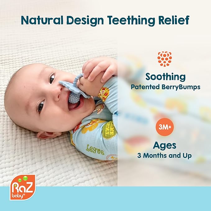RaZbaby RaZberry Silicone Teether Pacifier – Teething Relief for Infants, Food-Grade, BPA-Free, Hands-Free, Natural Berrybumps Fruit Texture for Sensory Development, Freezable, 2-Pack - Pink & White