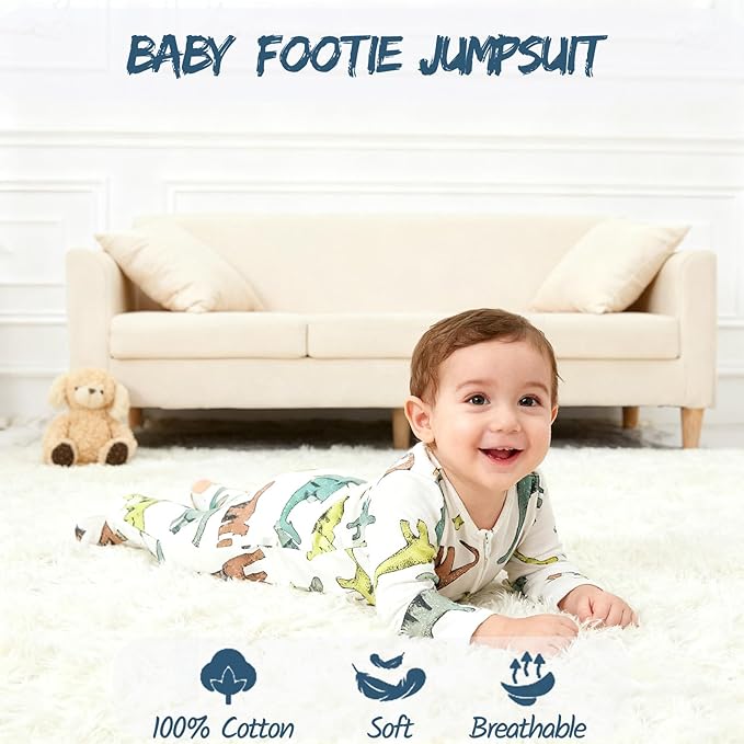 Baby Footie Jumpsuit, 100% Cotton Long Sleeve Footed Romper, Summer Outfit for 0-12 Months