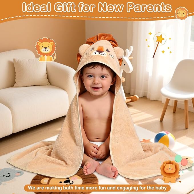 4 Pcs Baby Towels and Washcloths Set, Soft Hooded Bath Towel, 1 Baby Towel and 3 Baby Washcloths for Newborns, Toddlers, and Kids, 32x32 inch Baby Towel with Hood for Boy and Girl (Brown Lion)