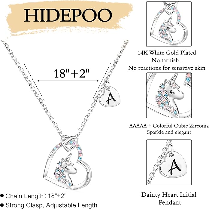 Hidepoo Valentines Gifts for Kids Girls - Unicorn Necklace Gifts for Teen Girls Kid, Colorful CZ Heart Pendant Initial Unicorn Necklaces for Girl Jewelry Birthday Gift for Girl Kid